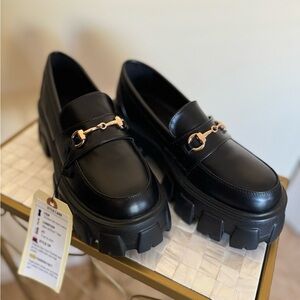 Princess Polly Penny Loafer Black Leather & Gold Hardware